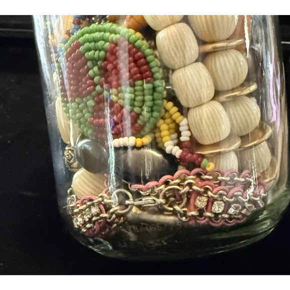 Jewelry Jar Wearable Lot Beads Necklaces Bracelets Earrings Vintage 16oz Jar - Picture 5 of 9